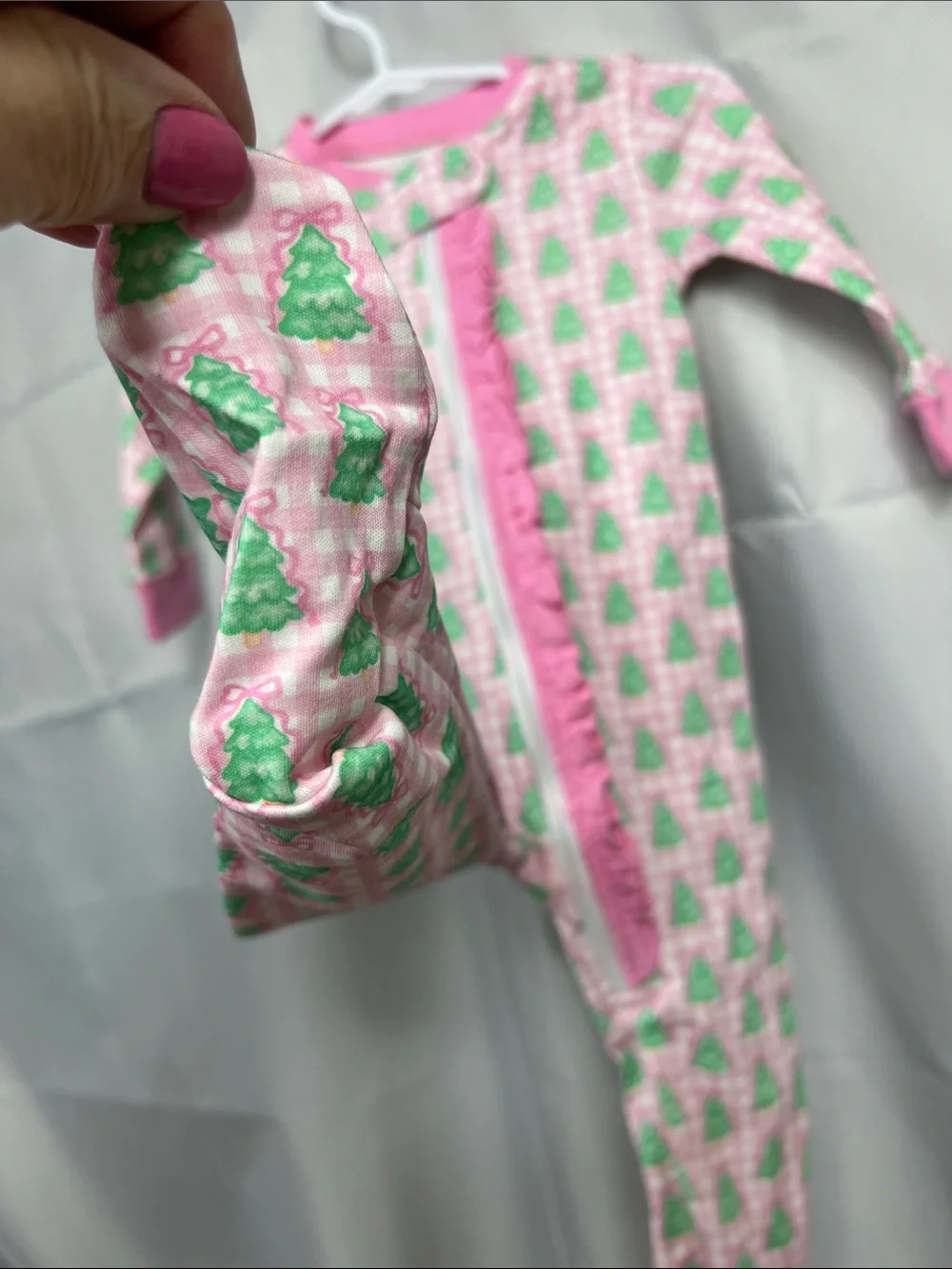 James and Lottie pink gingham Christmas tree one piece zipper footie 9 months